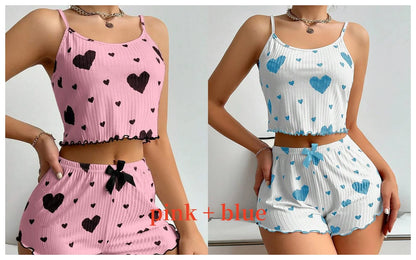 Women'S Pajamas Set Sleepwear 2 PCS Short Tank Tops and Shorts S M L White Ventilate Soft Casual Love Printing